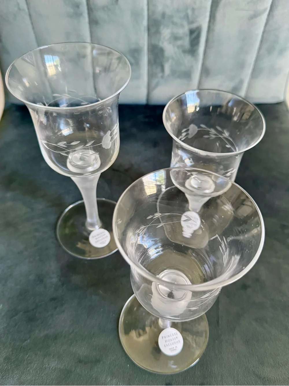 Princess House Clear Etched Crystal Wine Glasses with Frosted Stems